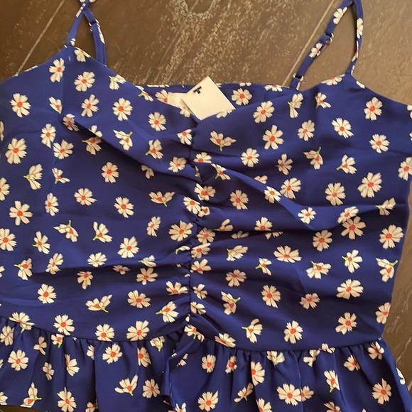 Topshop NEW Size US 4 Ruched Peplum Camisole Blue Daisy Floral Cami Top Womens - Picture 4 of 7